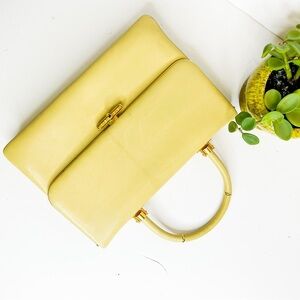 Vintage Leather Handbag Butter Yellow Top Handle Frame Bag